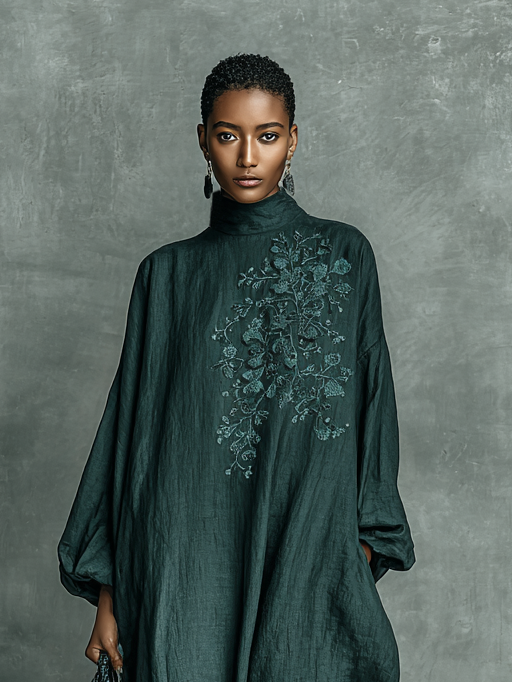 Women's High Neck Lantern Sleeve Embroidery Loose Maxi Dress
