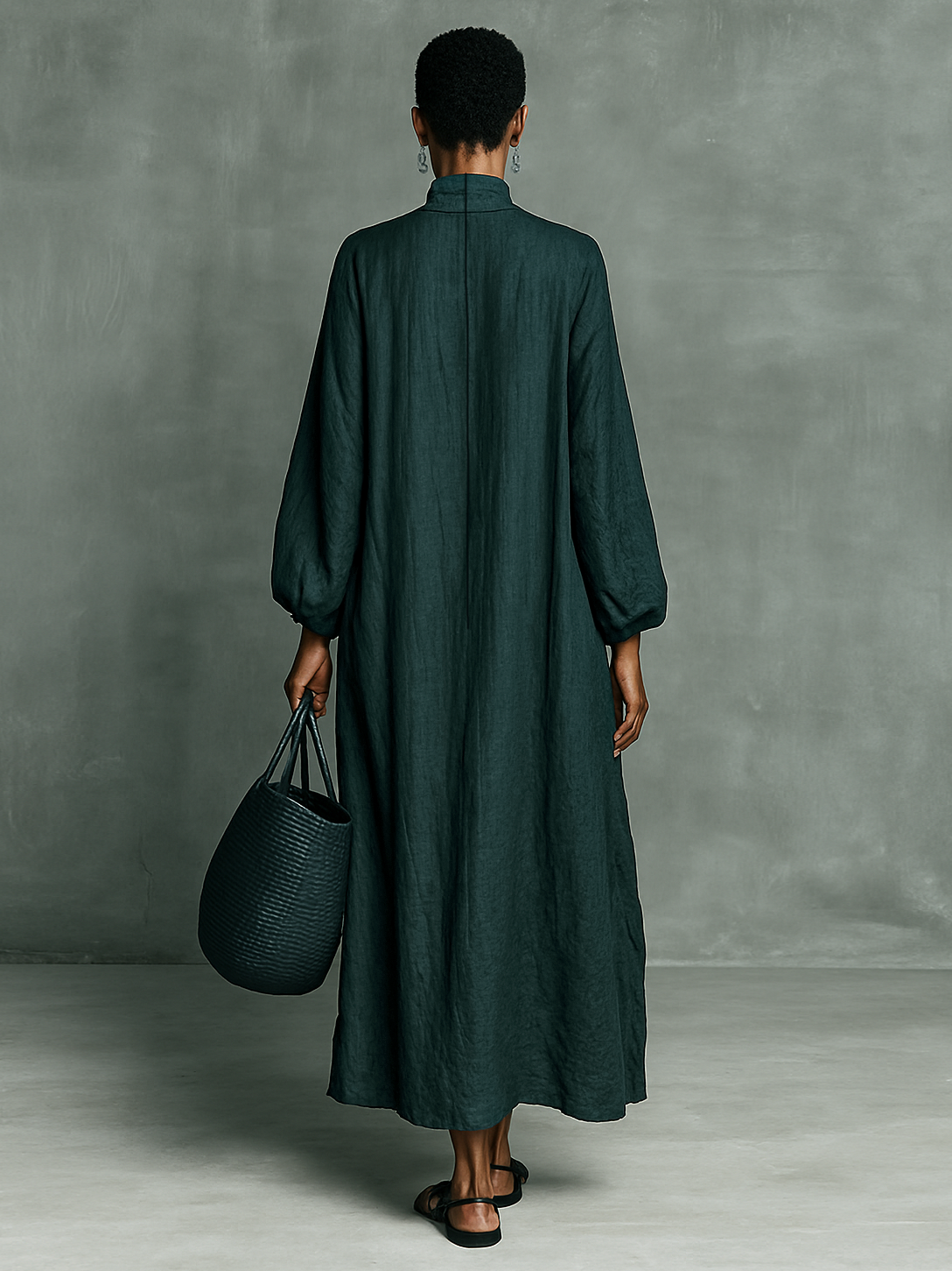 Women's High Neck Lantern Sleeve Embroidery Loose Maxi Dress