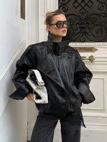 Women’s High Neck Zip Front Leather Look Jacket