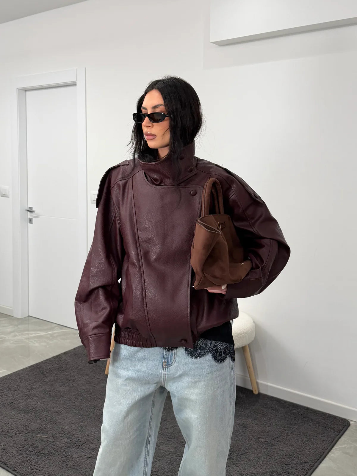 Women’s High Neck Zip Front Leather Look Jacket