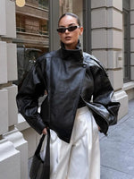 Women’s High Neck Zip Front Leather Look Jacket