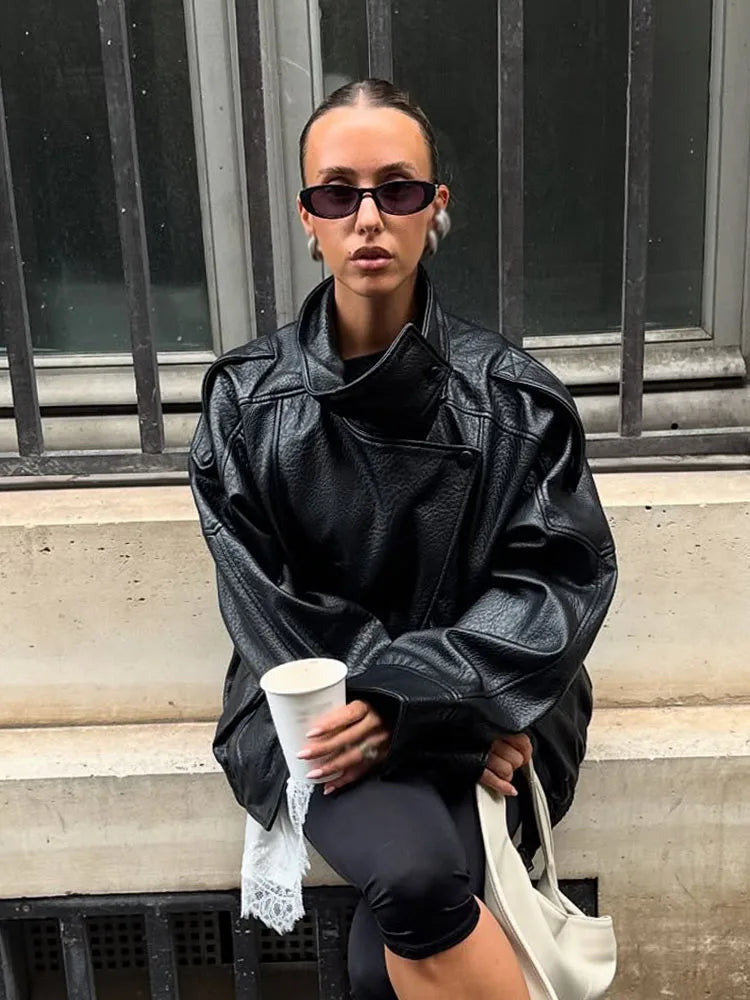 Women’s High Neck Zip Front Leather Look Jacket