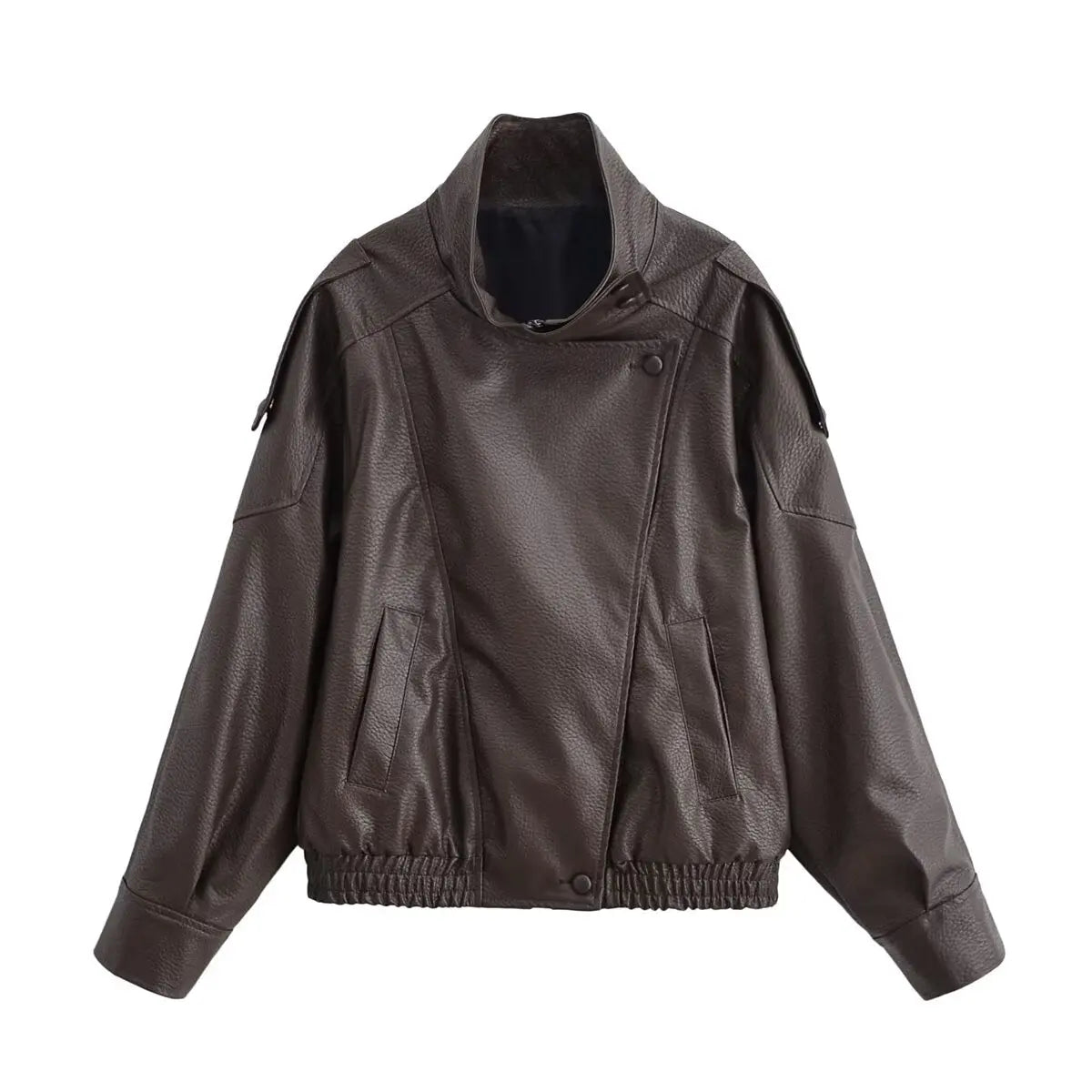 Women’s High Neck Zip Front Leather Look Jacket