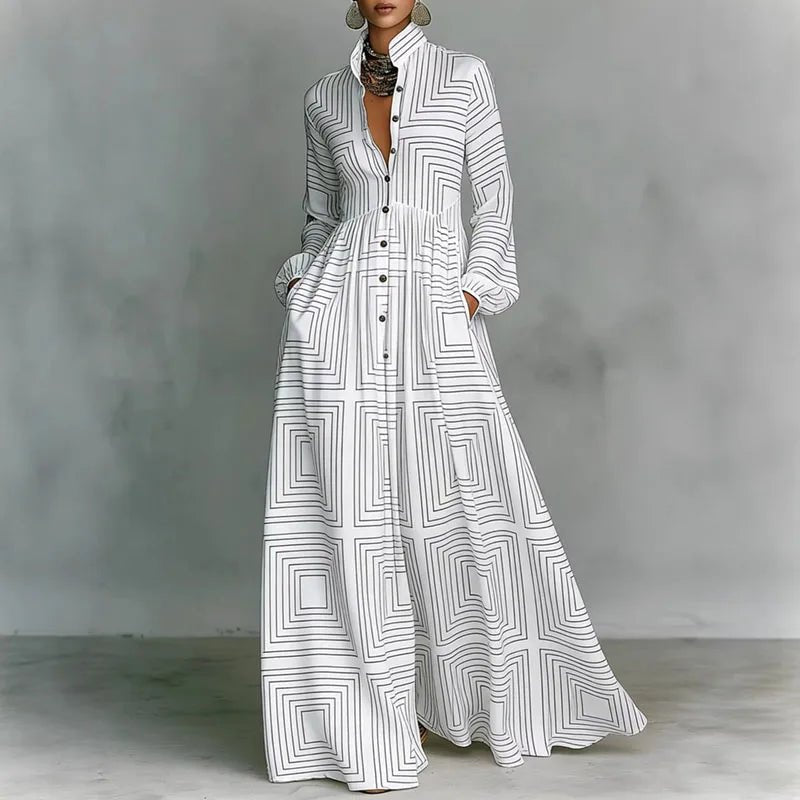 Women's High Waist Printed Long Sleeve Shirt Maxi Dress
