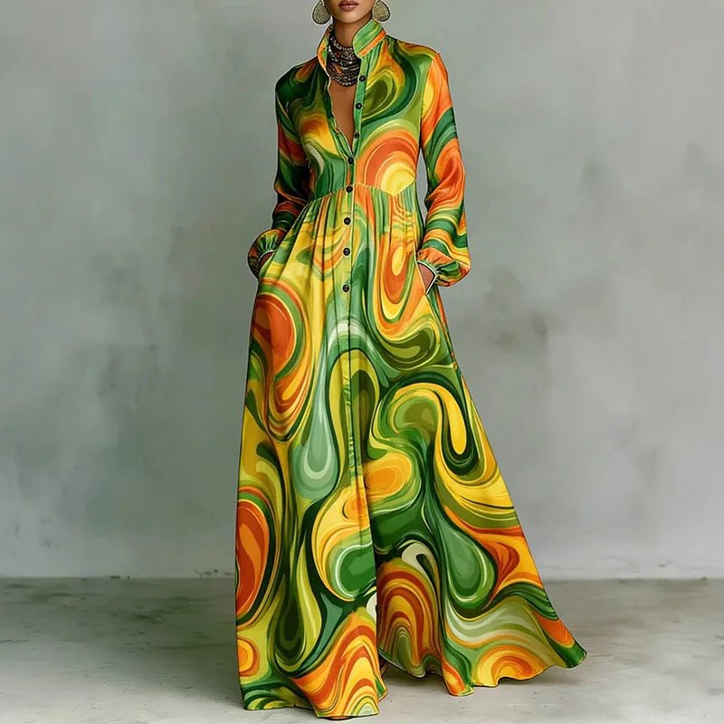 Women's High Waist Printed Long Sleeve Shirt Maxi Dress