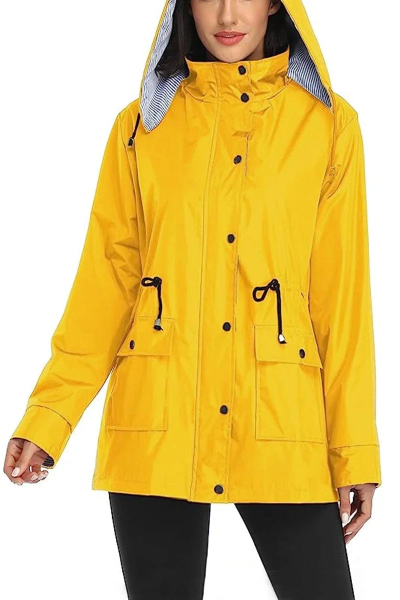 Women's Hooded Drawstring Weatherproof Rain Jacket