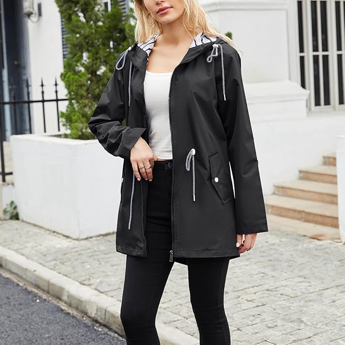 Women’s Hooded Windbreaker Rain Jacket with Zip Pockets