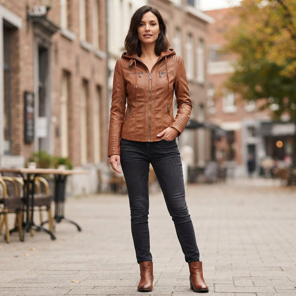 Women's Hooded Zip-Front Motorcycle Leather Jacket