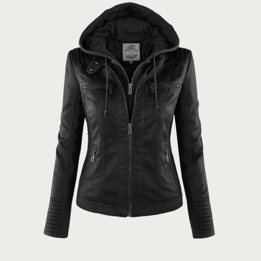 Women's Hooded Zip-Front Motorcycle Leather Jacket