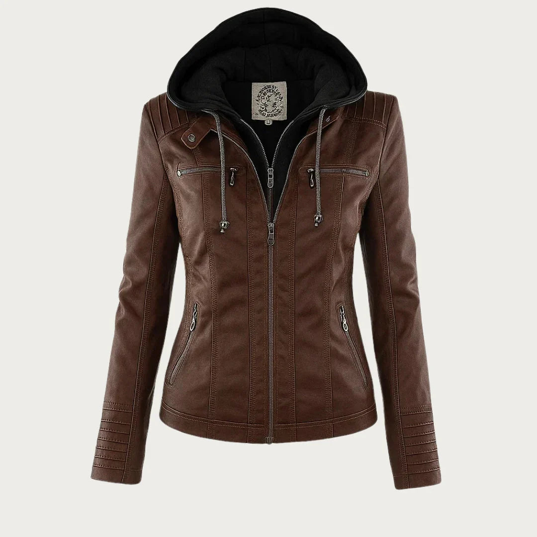 Women's Hooded Zip-Front Motorcycle Leather Jacket