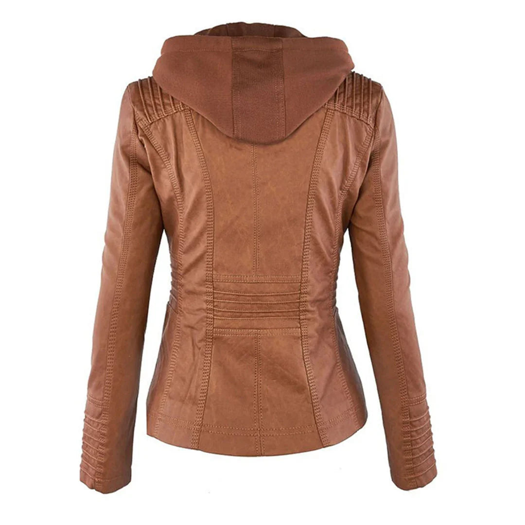 Women's Hooded Zip-Front Motorcycle Leather Jacket
