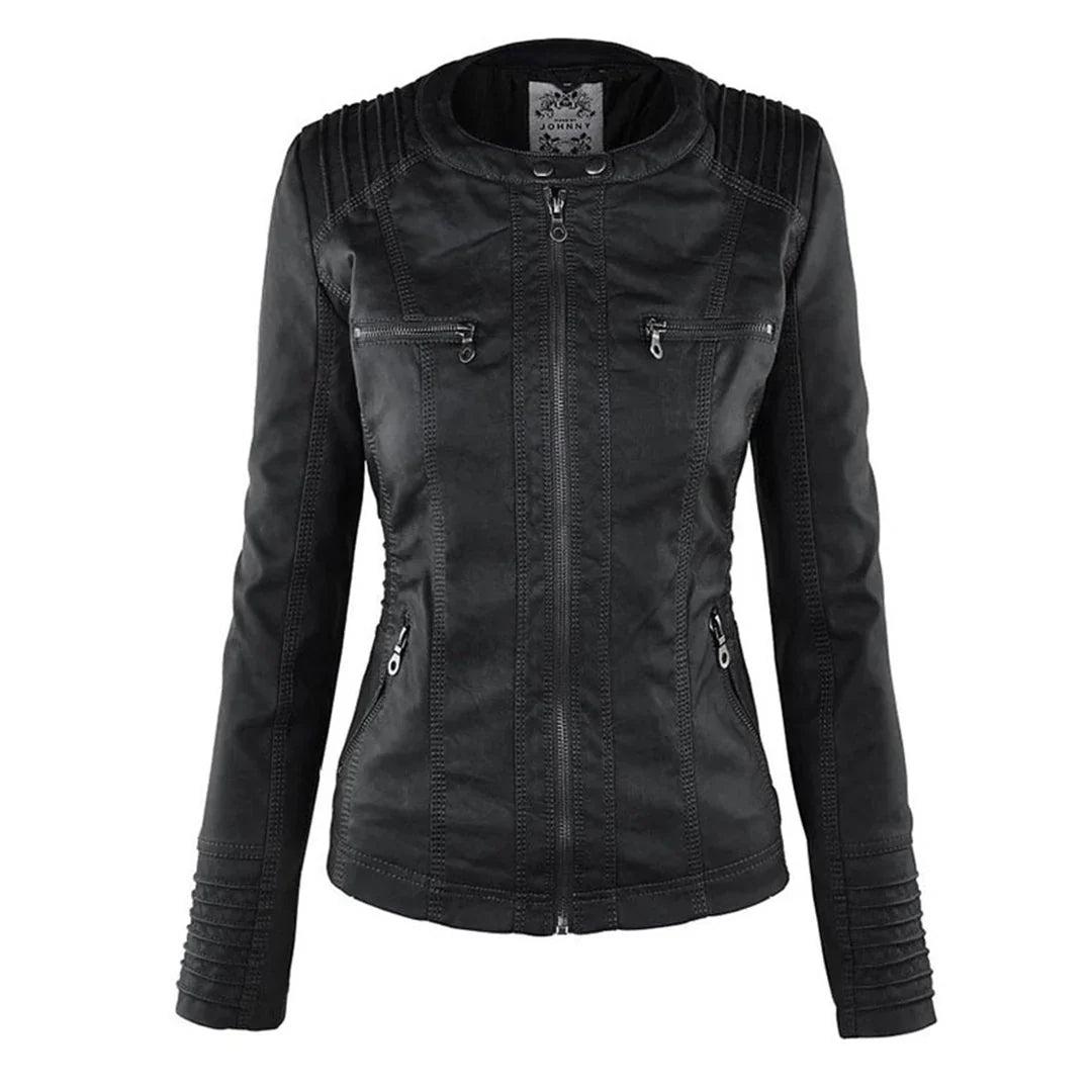 Women's Hooded Zip-Front Motorcycle Leather Jacket