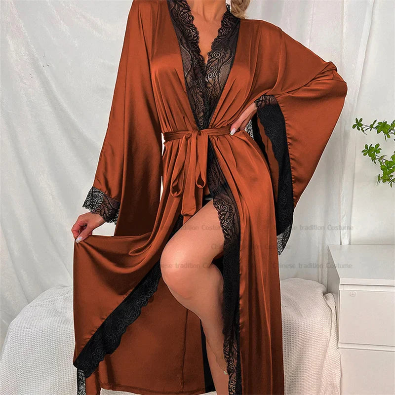 Women’s Lace Trim Long Sleeve Wrap Kimono Robe