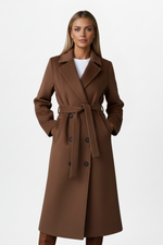 Women's Lapel Collar Belted Double Breasted Long Coat
