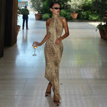 Women’s Leopard Print Halter Maxi Wedding Guest Dress