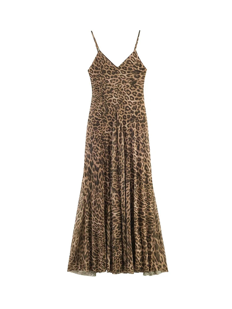 Women's Leopard Print Spaghetti Strap V Neck Pleated Maxi Sundress