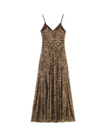 Women's Leopard Print Spaghetti Strap V Neck Pleated Maxi Sundress