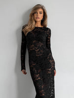 Women's Long-Sleeve Crew Neck Maxi Wedding Guest Dress