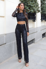 Women's Long Sleeve Crop Top And Pants Sequin Set