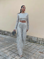 Women's Long Sleeve Crop Top And Pants Sequin Set