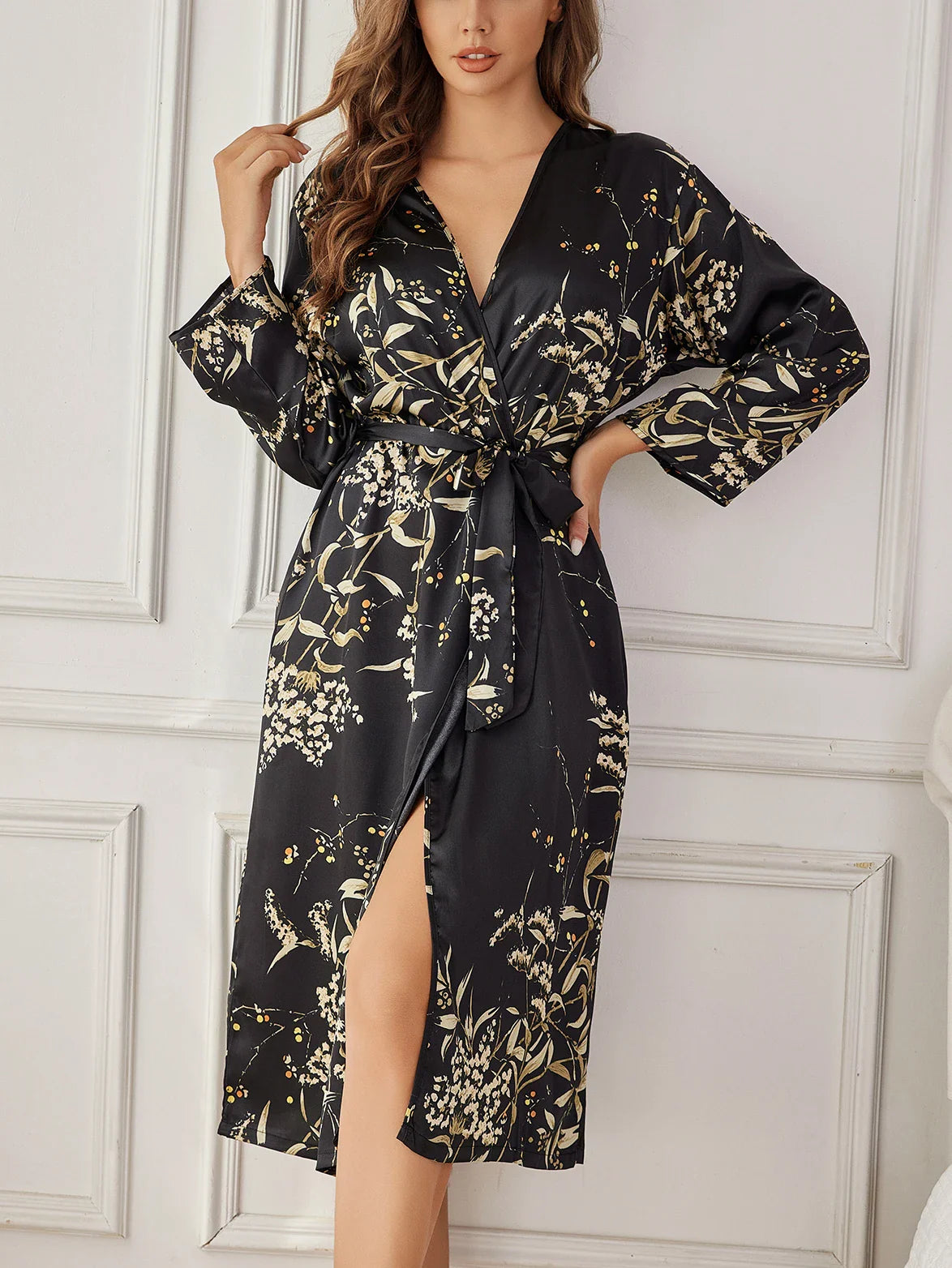 Women’s Long Sleeve Floral Wrap Kimono Robe