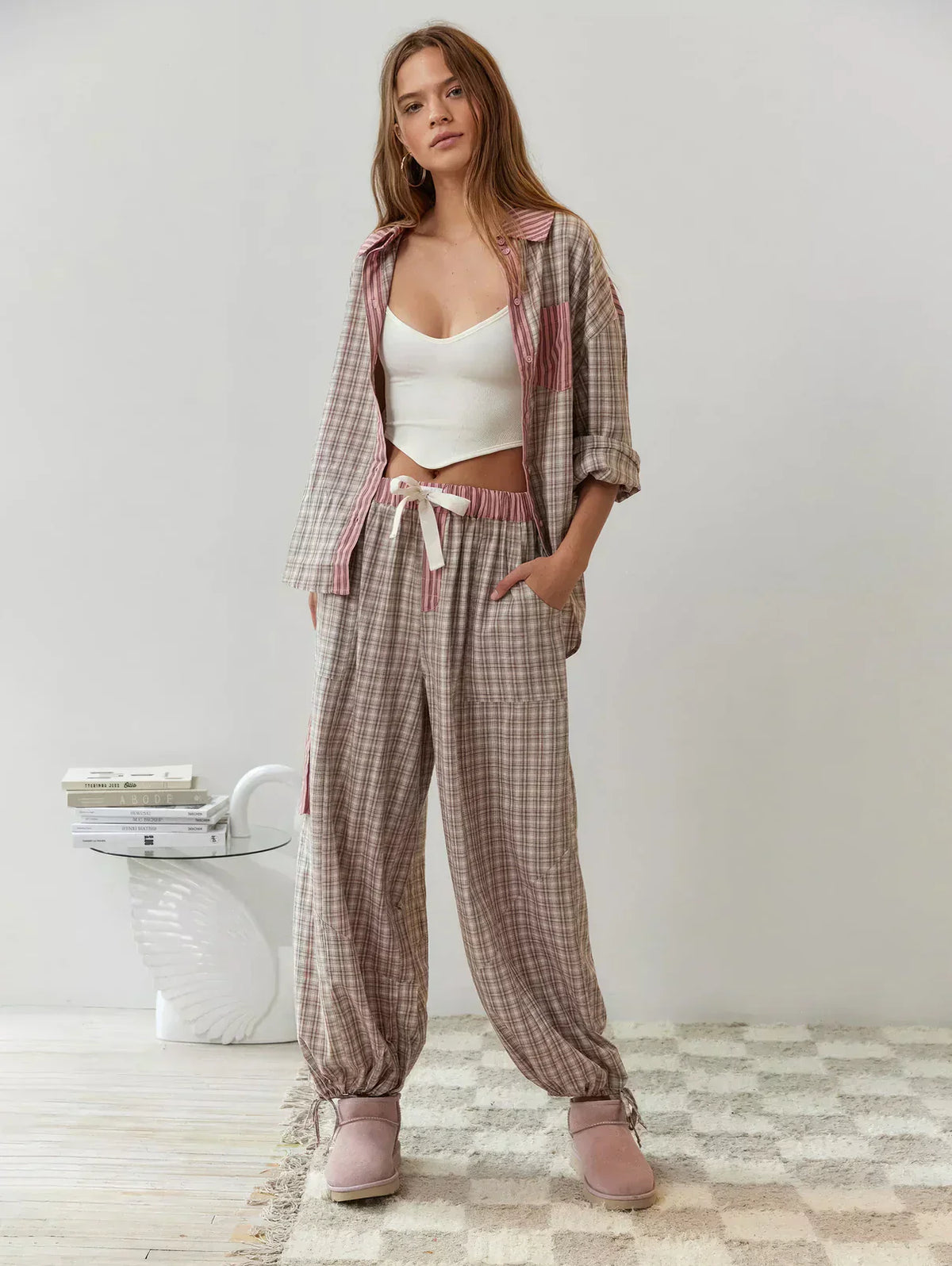 Women’s Long Sleeve Plaid Button Front 2 Piece Pajama Set