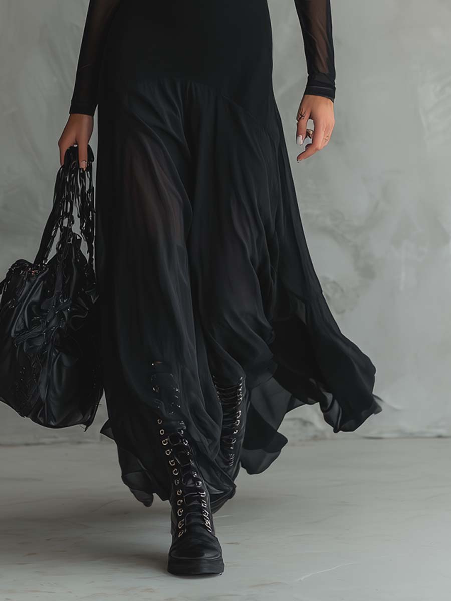 Women's Long Sleeve Ruffled Hem Maxi Dress
