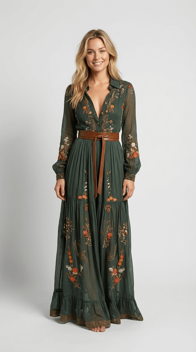 Women's Long Sleeve V Neck Boho Maxi Dress