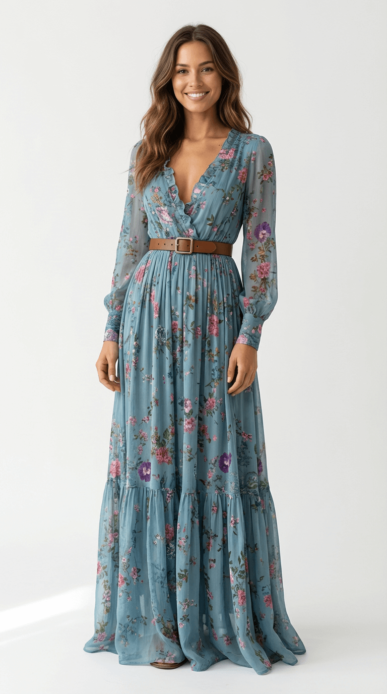 Women's Long Sleeve V Neck Boho Maxi Dress