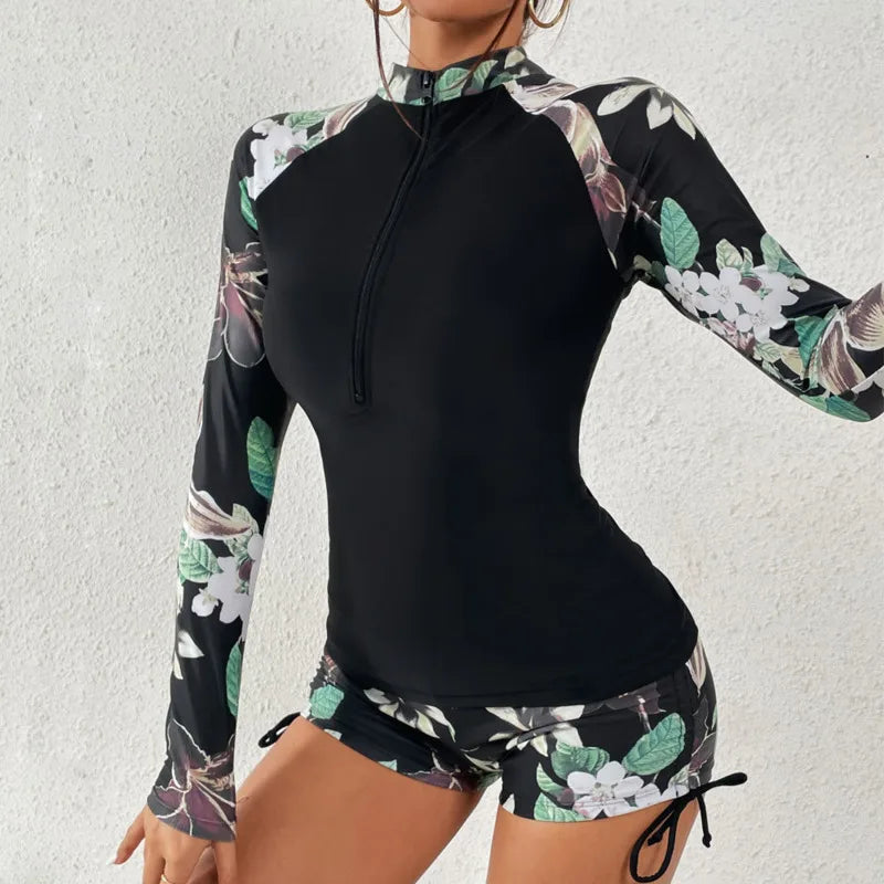 Women’s Long Sleeve Zip Front Two Piece Swimsuit Set