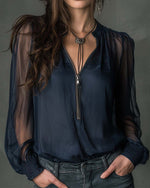 Women’s Long Sleeve Zip Front V-Neck Blouse