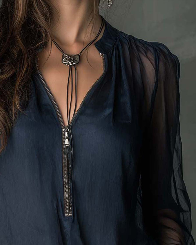 Women’s Long Sleeve Zip Front V-Neck Blouse