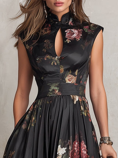 Women's Mandarin-Collar Keyhole-Cut Floral Midi Dress