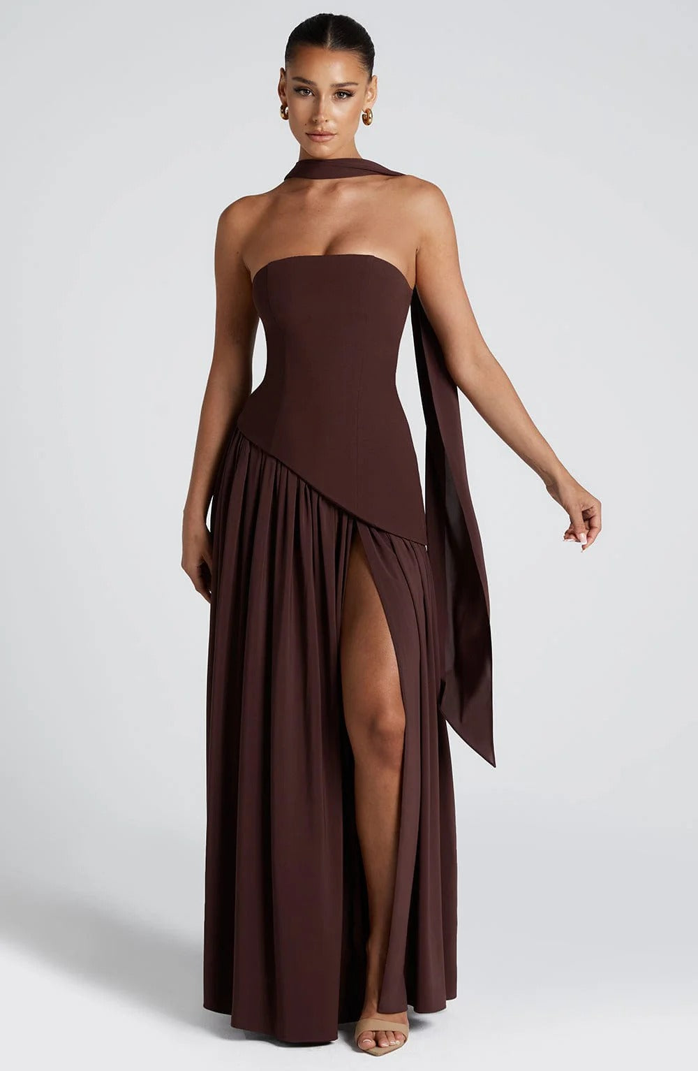 Women's Maxi Strapless Scarf Neck Asymmetric Side Slit Wedding Guest Dress