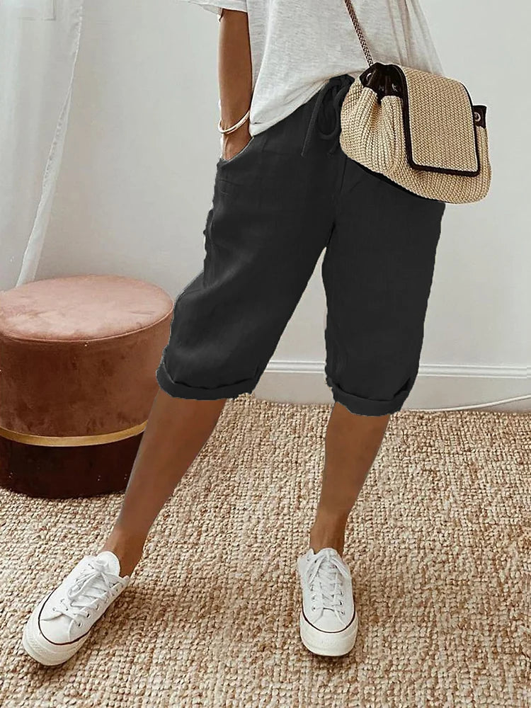 Women's Mid-Length Drawstring Shorts With Rolled Cuffs