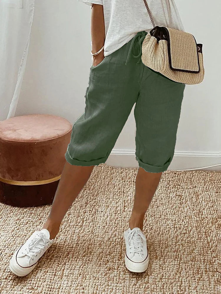 Women's Mid-Length Drawstring Shorts With Rolled Cuffs