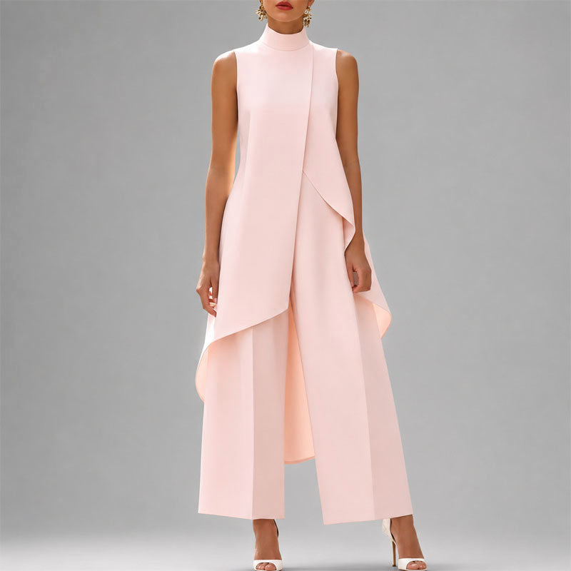 Women's Mock Neck Asymmetrical Overlay Two-Piece Set