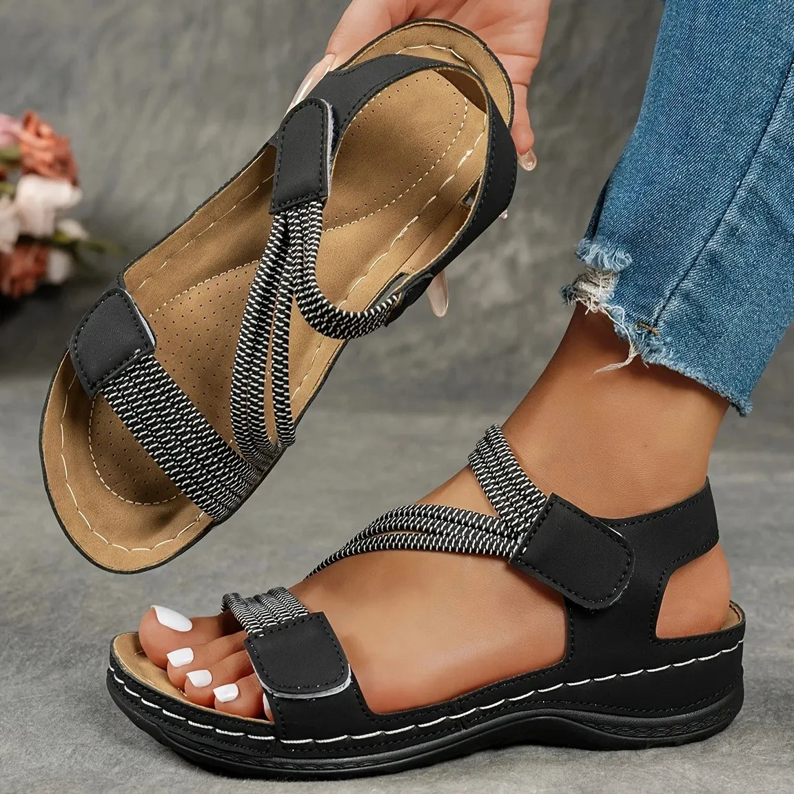Women's Multi-Strap Hook-and-Loop Braided Slingback Wedge Sandals