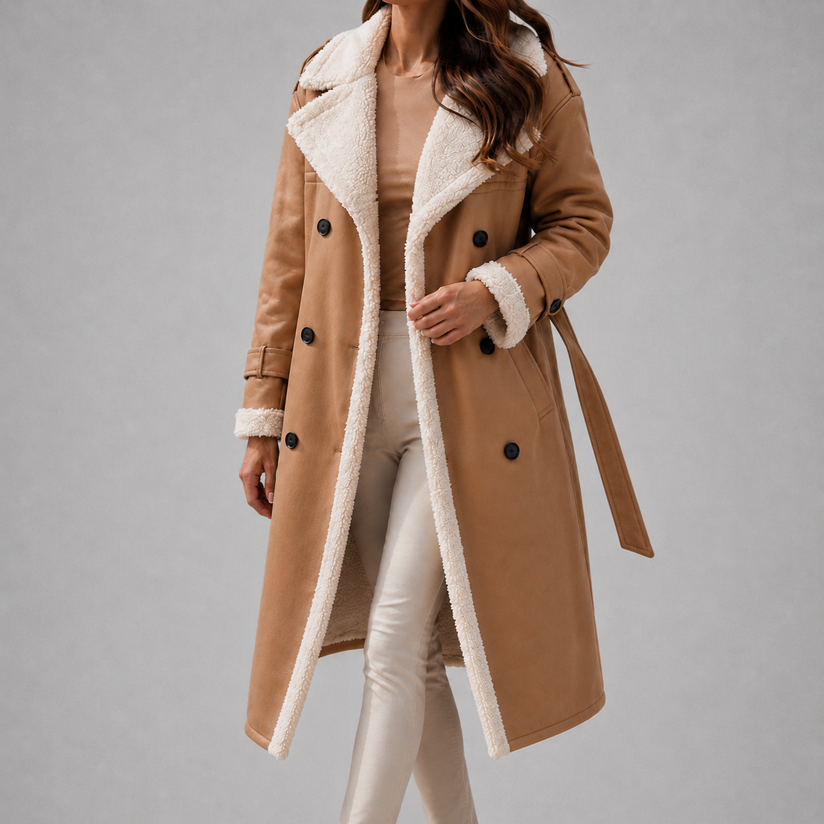 Women's Notch-Lapel Faux-Suede Sherpa-Lined Trench Coat