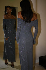 Women's Off Shoulder Long Sleeve Glitter Evening Maxi Dress