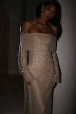 Women's Off Shoulder Long Sleeve Glitter Evening Maxi Dress