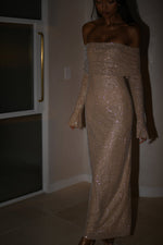 Women's Off Shoulder Long Sleeve Glitter Evening Maxi Dress