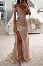 Women's Off Shoulder Sequin High Slit Evening Maxi Dress