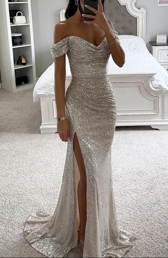 Women's Off Shoulder Sequin High Slit Evening Maxi Dress