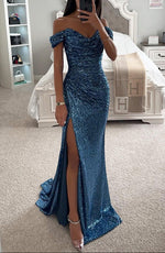 Women's Off Shoulder Sequin High Slit Evening Maxi Dress