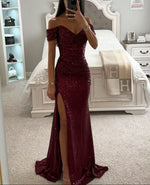 Women's Off Shoulder Sequin High Slit Evening Maxi Dress