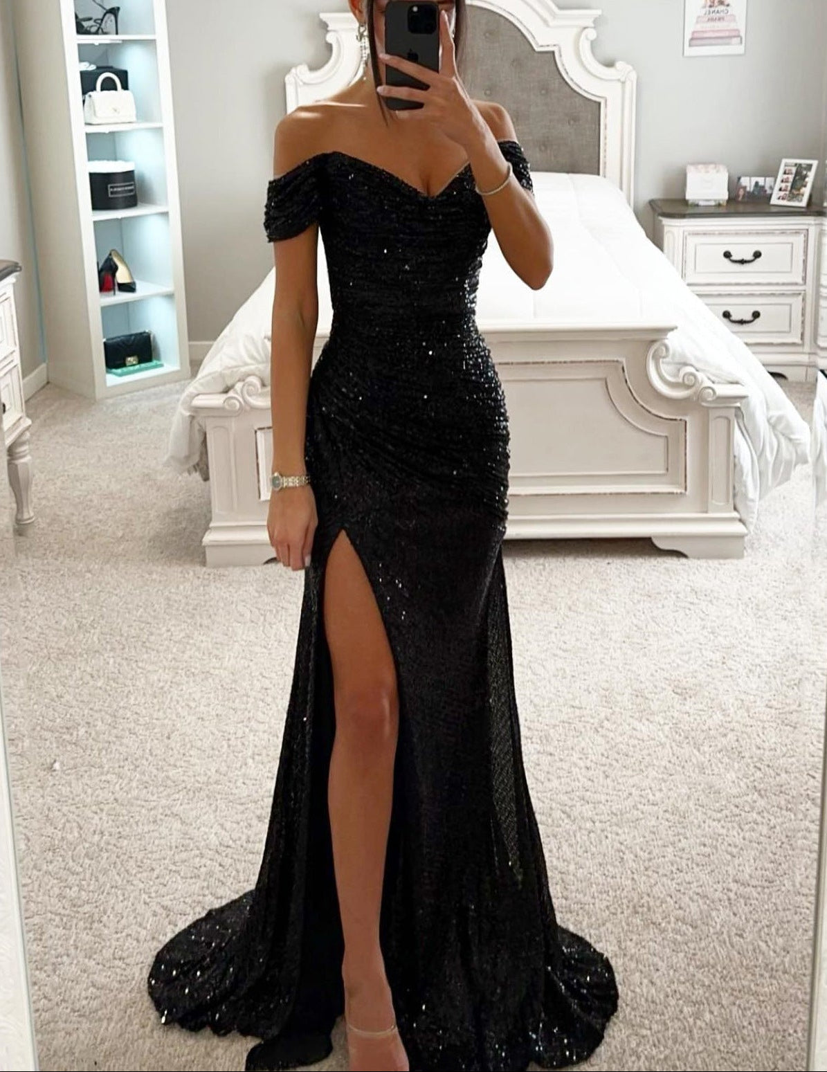 Women's Off Shoulder Sequin High Slit Evening Maxi Dress