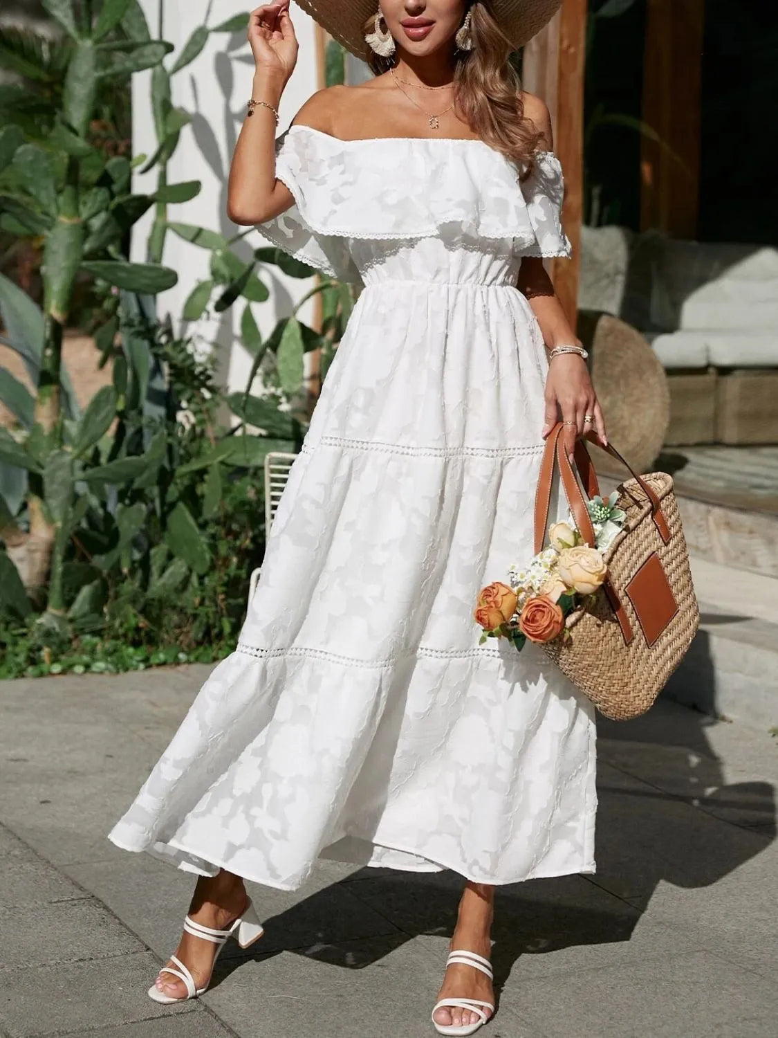 Women’s Off Shoulder Tiered Ruffled Maxi Summer Dress