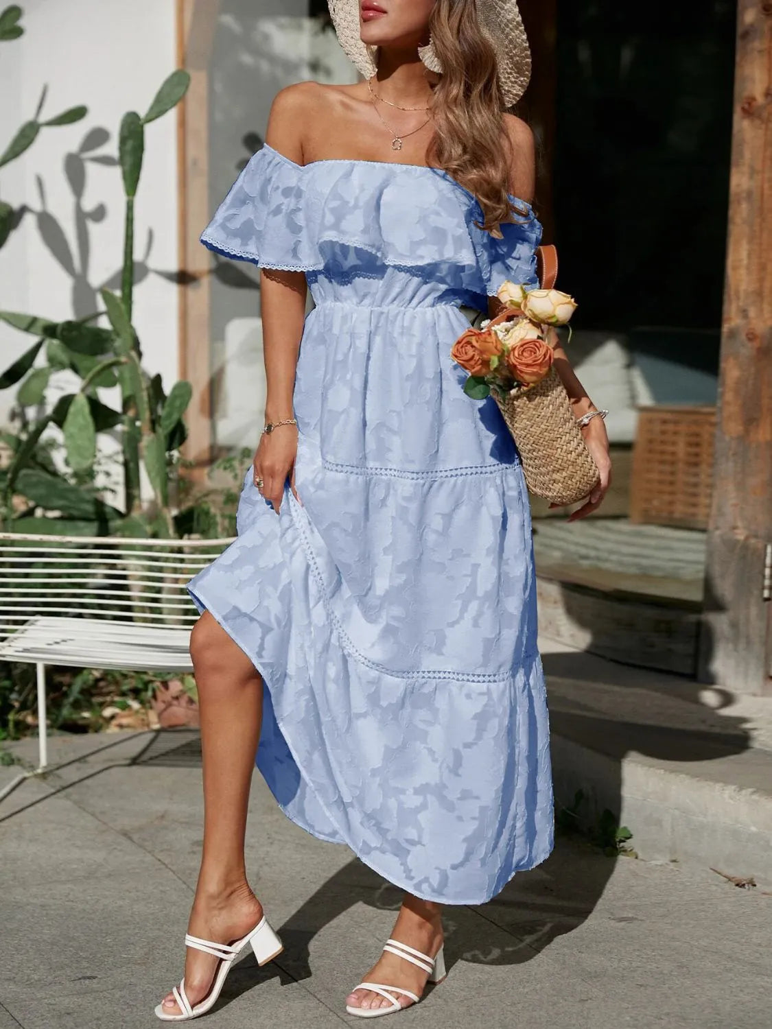 Women’s Off Shoulder Tiered Ruffled Maxi Summer Dress