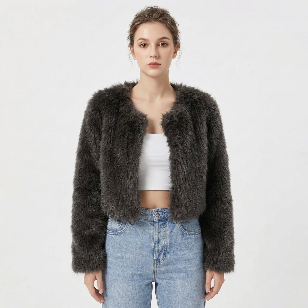 Women's Open Front Long Sleeve Crop Faux Fur Jacket